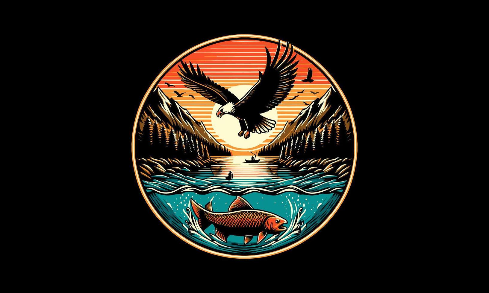 flying eagle on sea and fish vector illustration artwork design