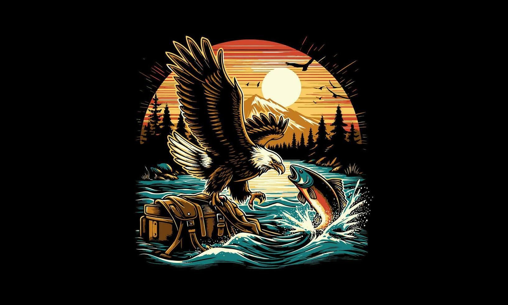 flying eagle on sea and fish vector illustration artwork design