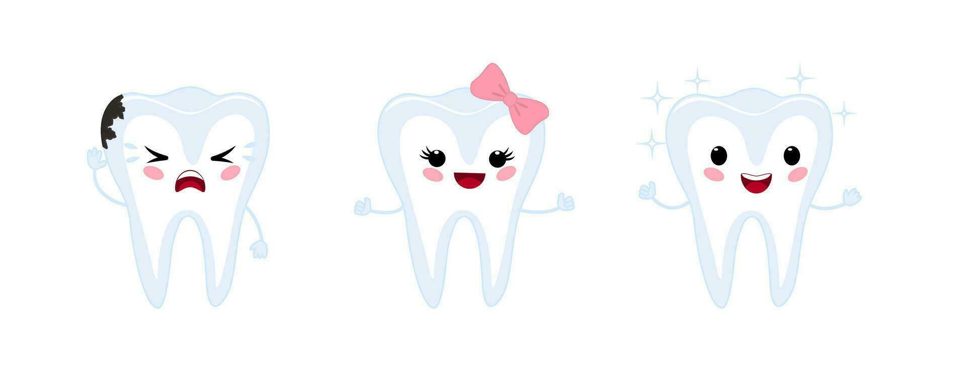 A happy healthy cute tooth and a crying tooth with decay. Cartoon vector baby vector illustration