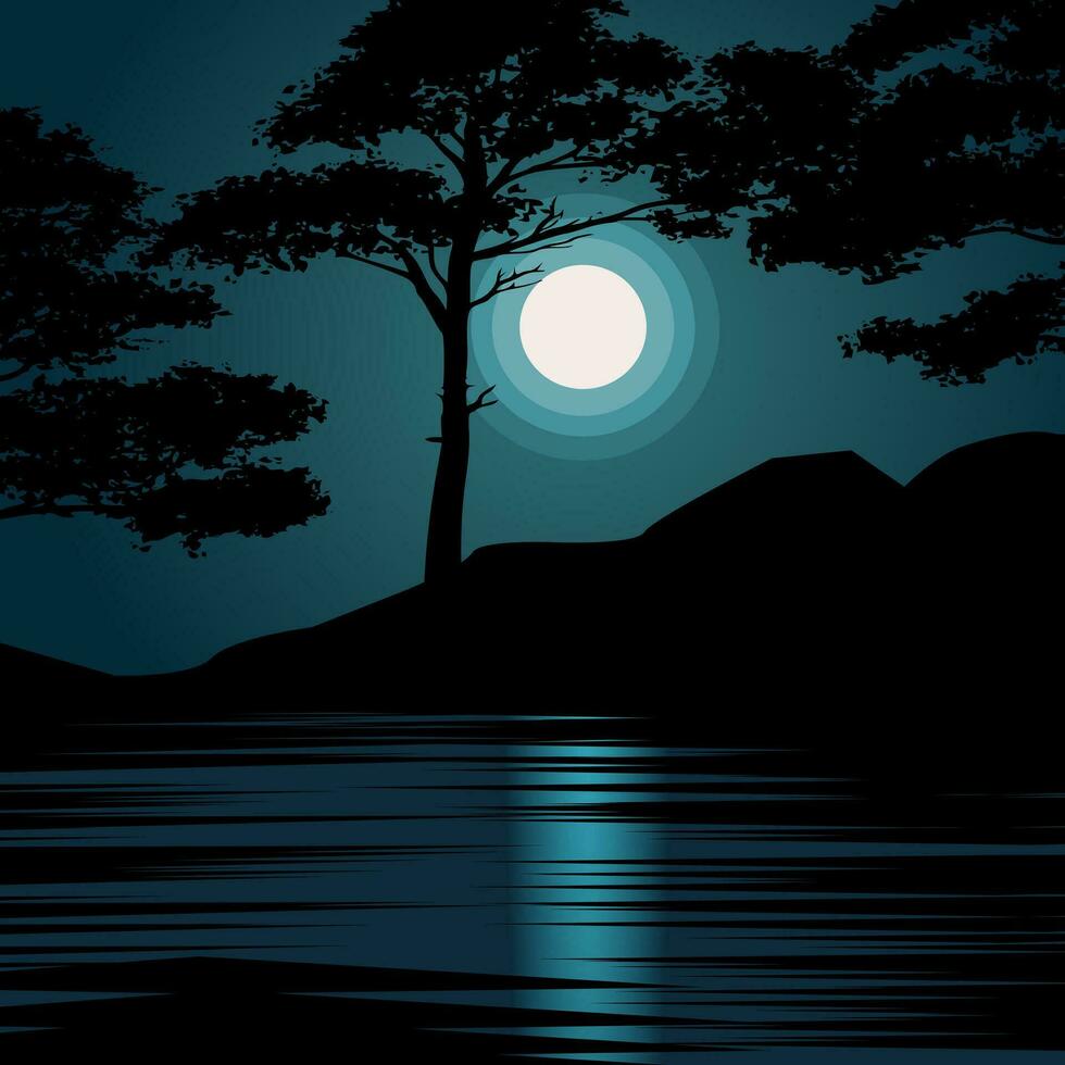 Vector night landscape with trees and moon