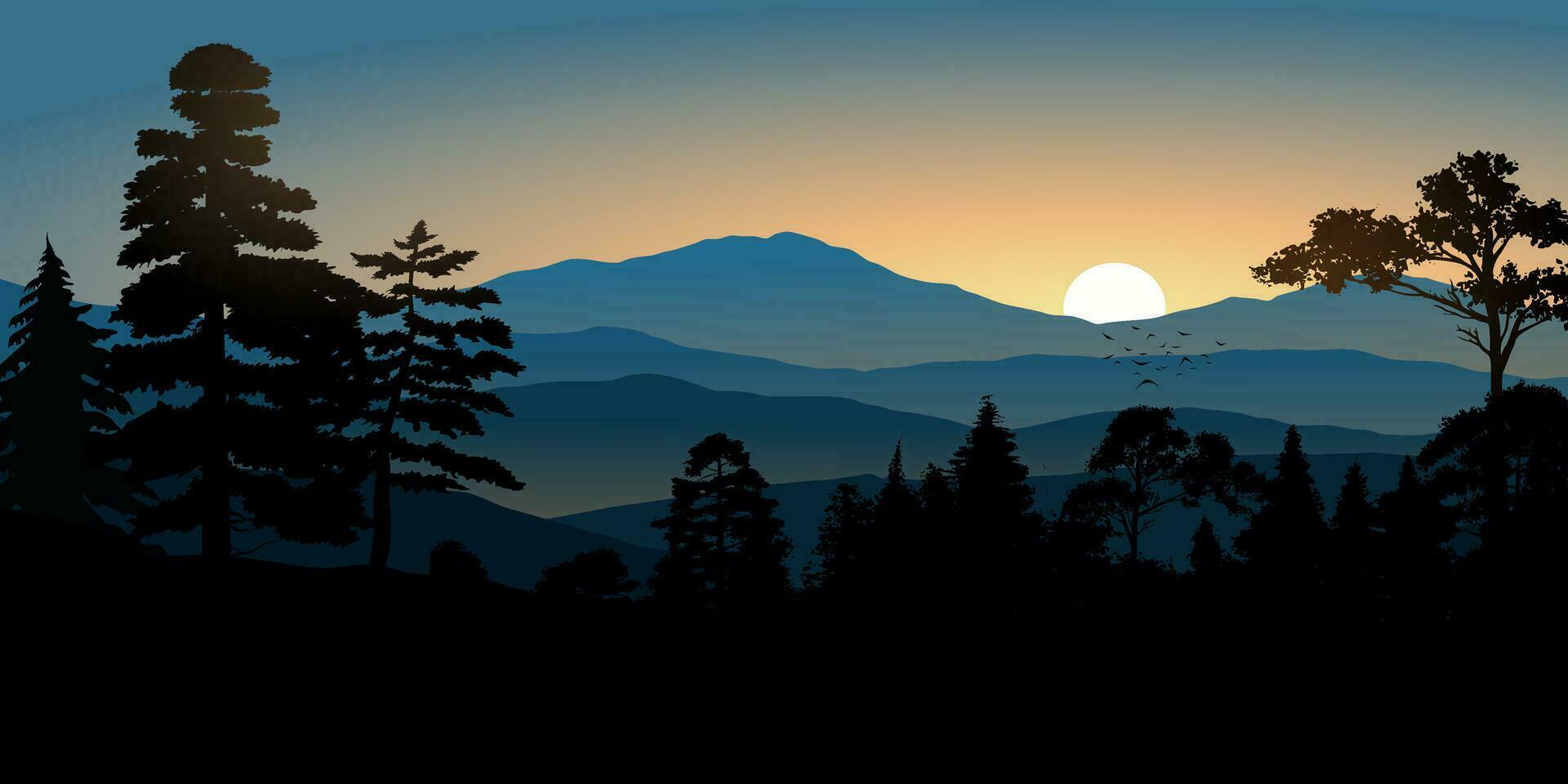 Sunset in mountain forest with trees in silhouette vector