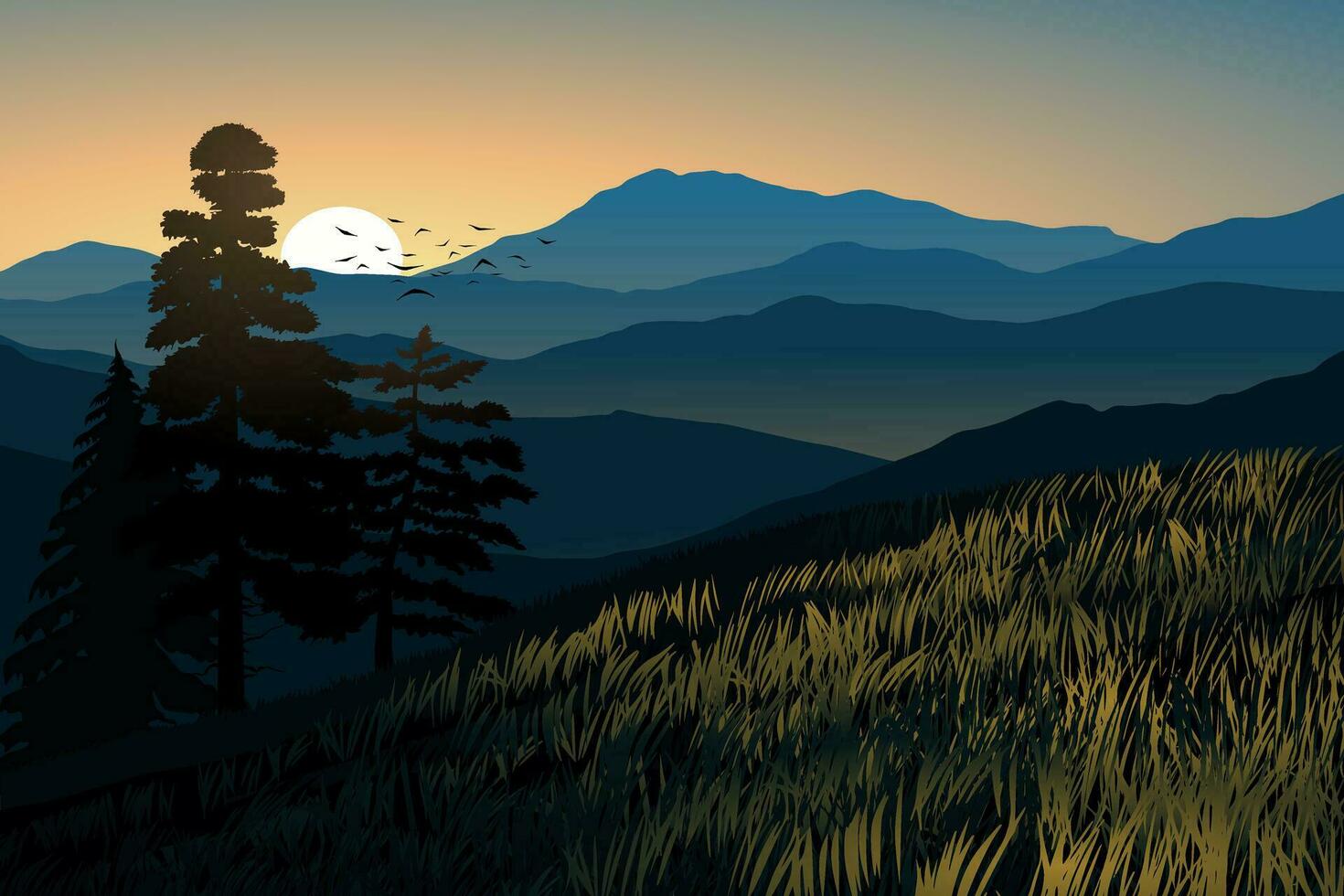 Sunrise in beautiful mountain forest. Vector nature landscape