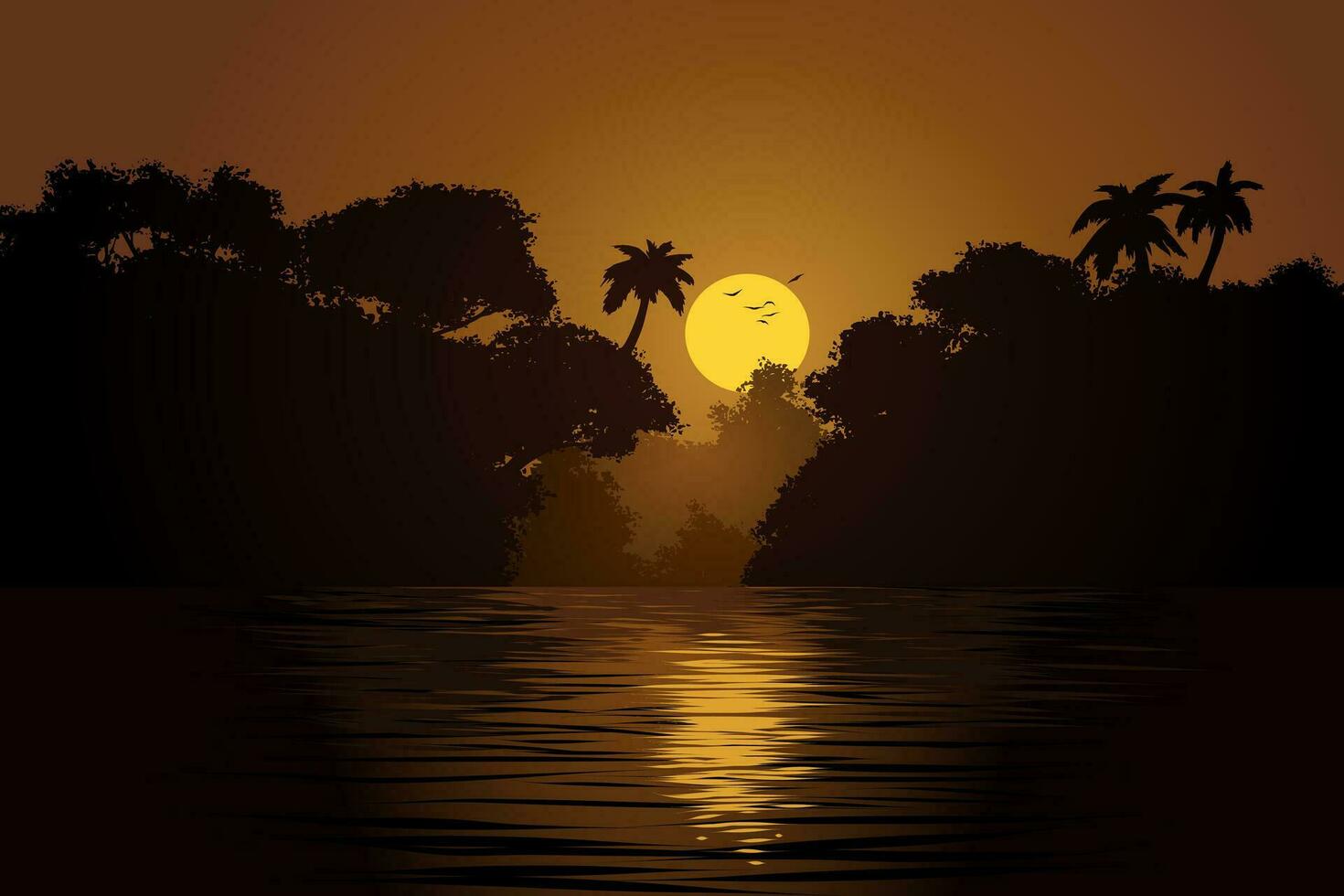 Sunset over river with forest silhouette vector