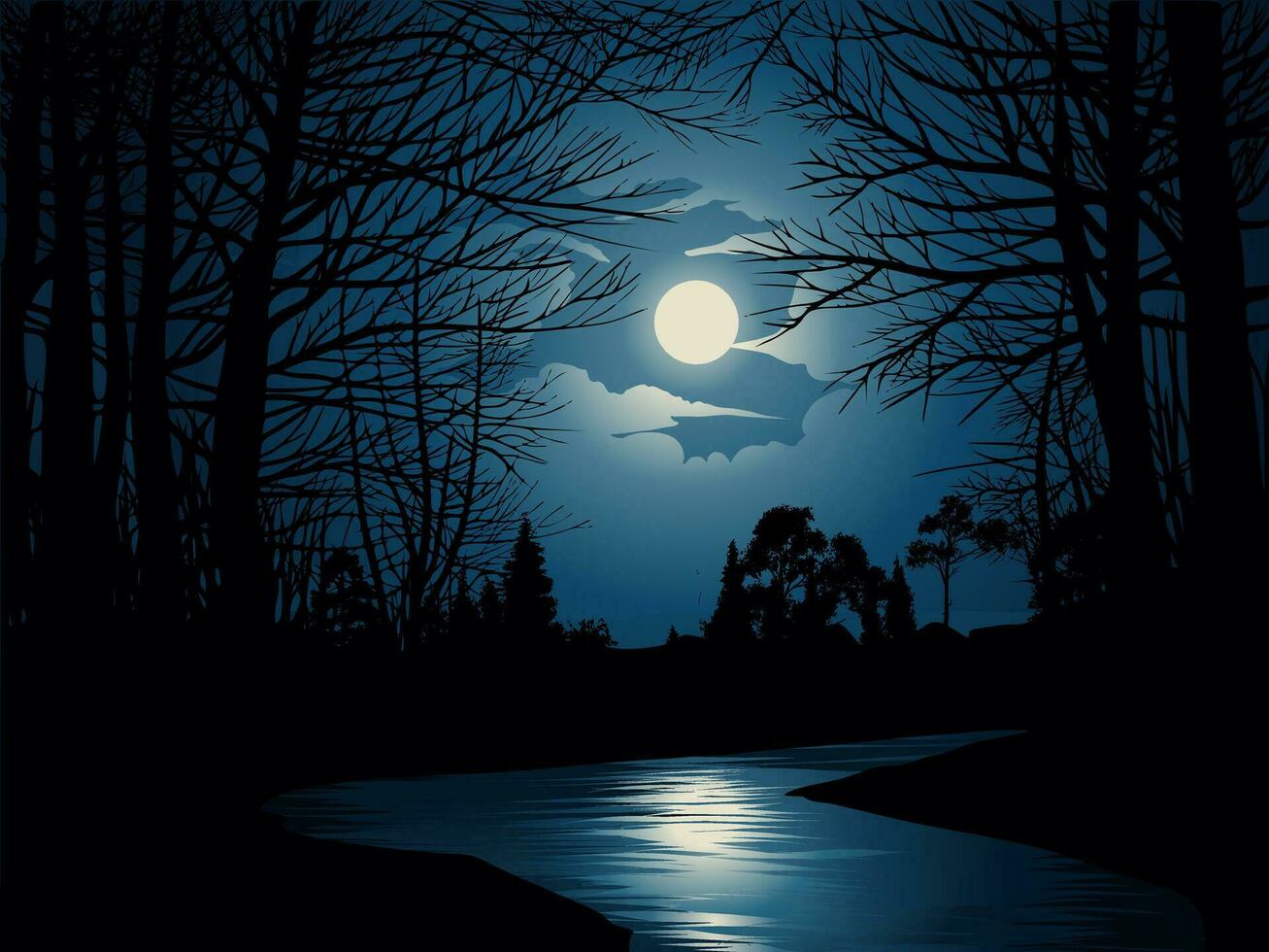 Night landscape in forest with river and moonlight vector