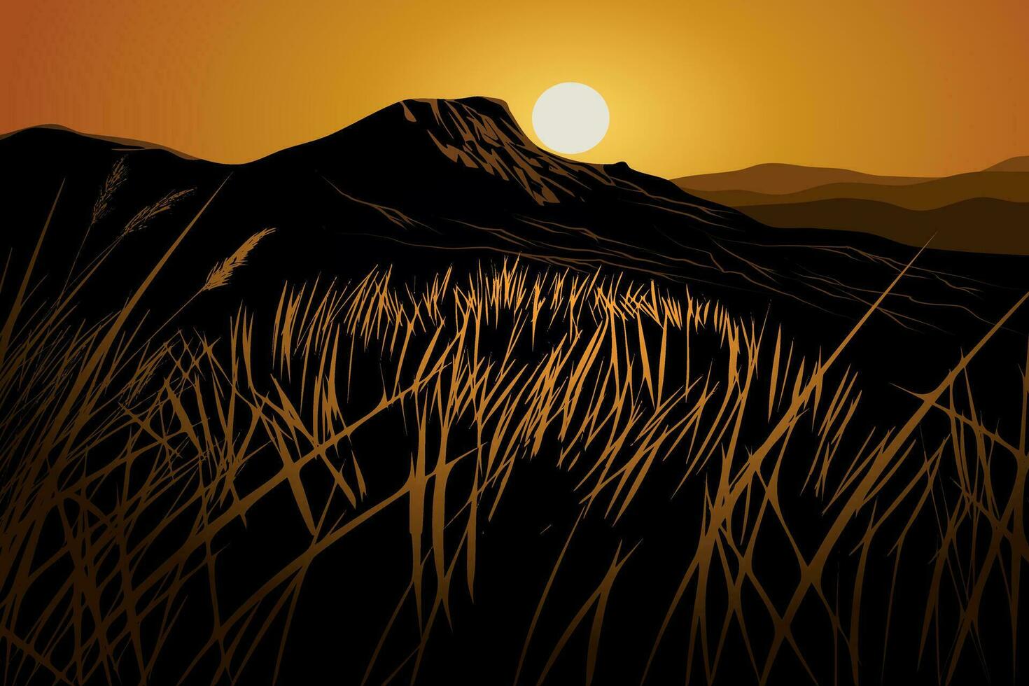 puesta de sol paisaje con montañas y césped vector