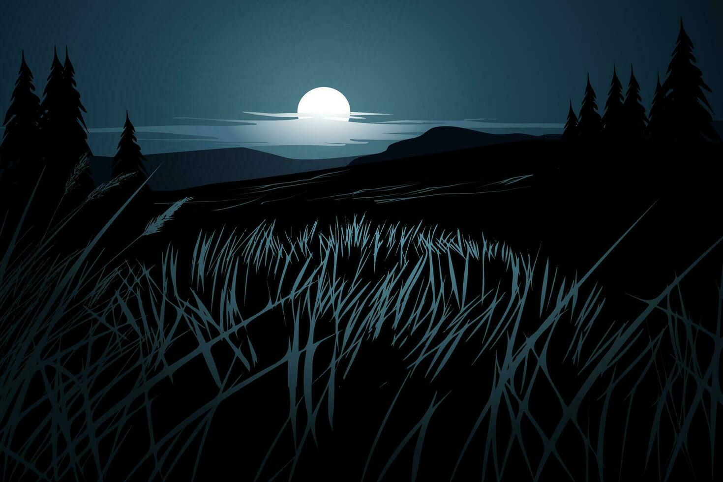 noche paisaje con luz de la luna terminado el colinas y césped vector