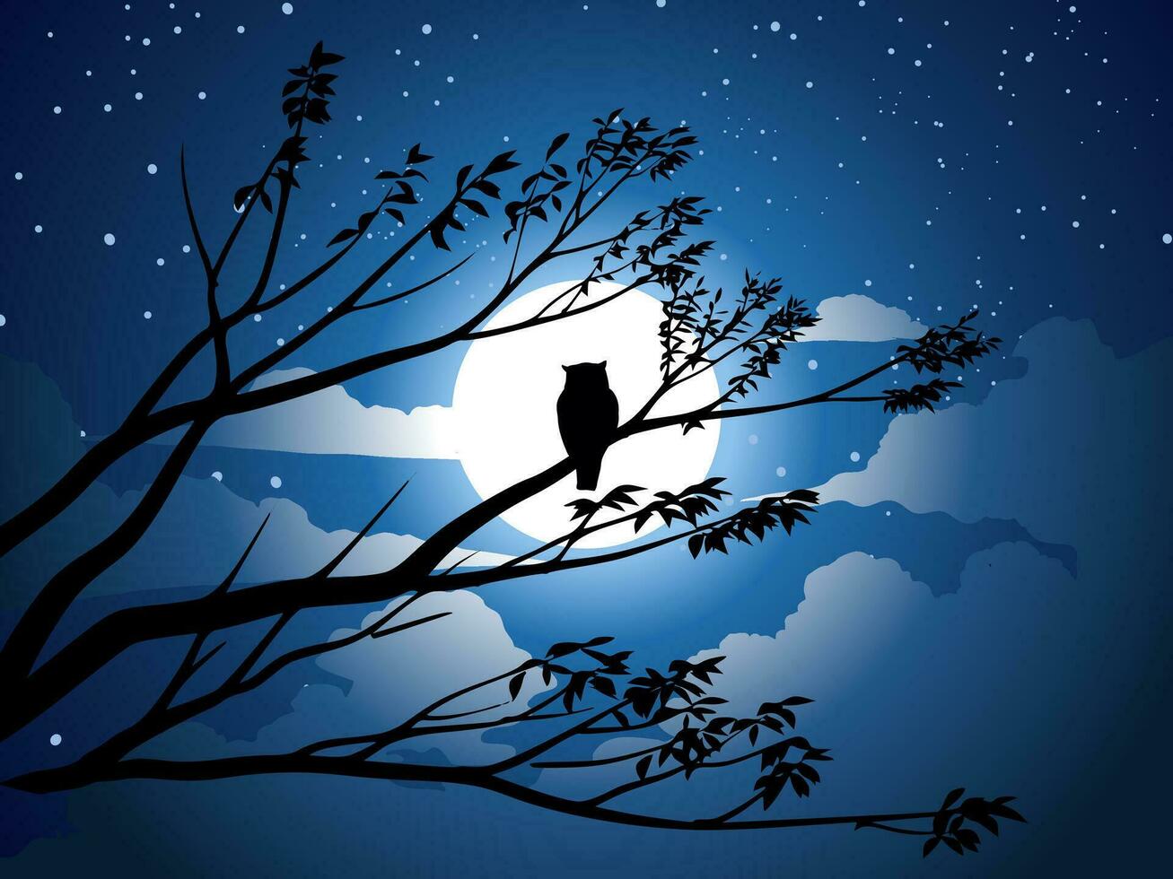 Night illustration with owl on the tree branch and full moon vector