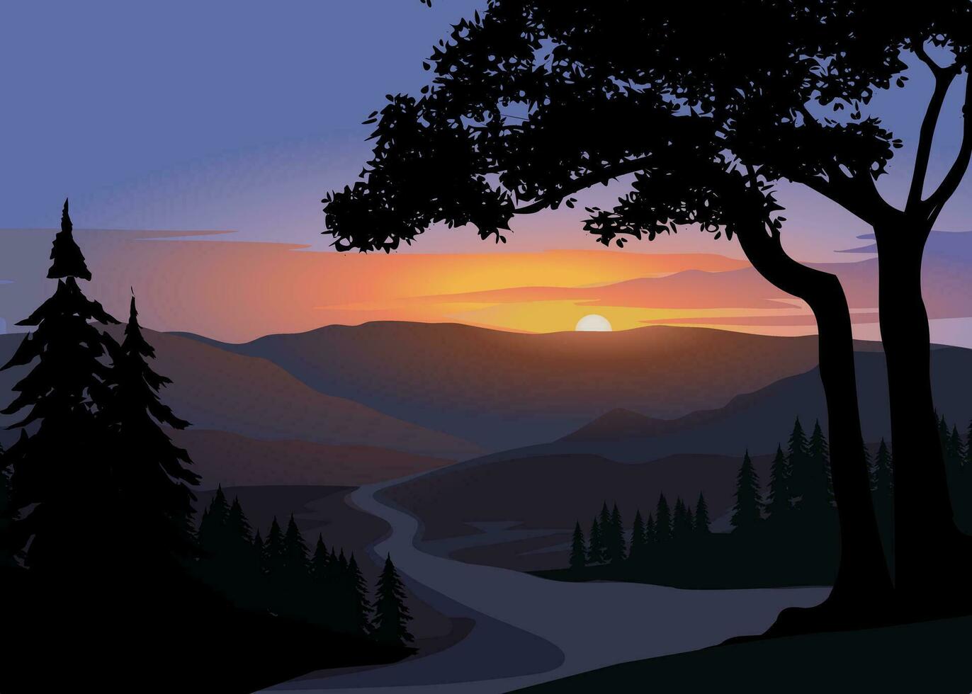 Mountain forest sunse with rivert. Vector nature landscape