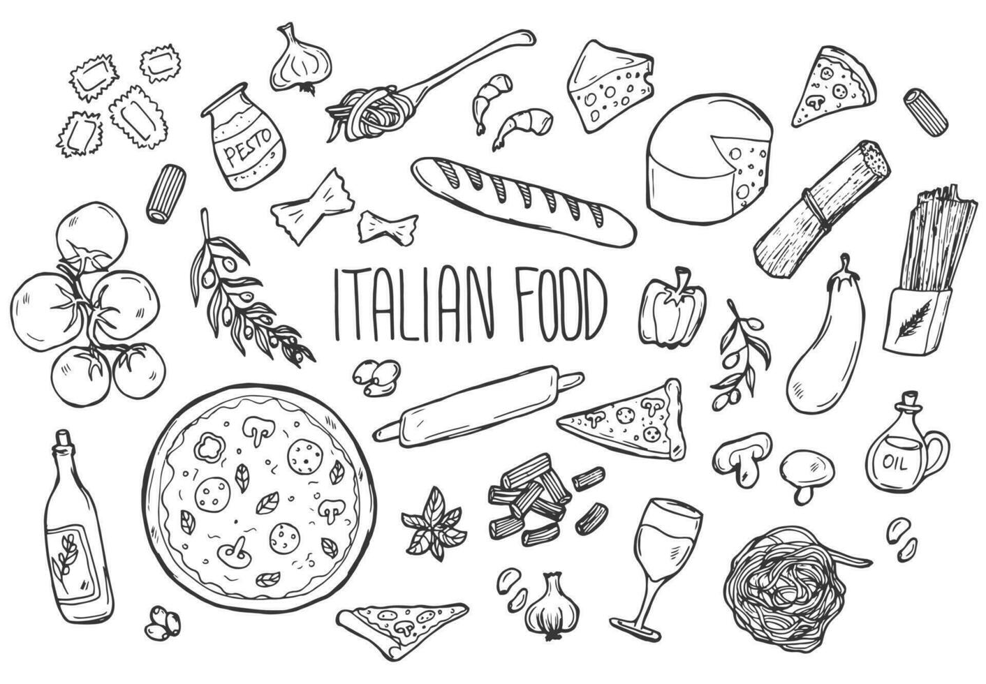 Set of doodles, hand drawn rough simple Italian cuisine food sketches. Isolated on white background vector