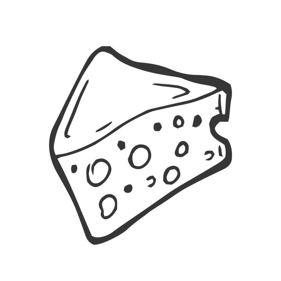 Melted cheese wedge doodle, a hand drawn vector doodle of a piece of a cheese wedge, isolated on white background.