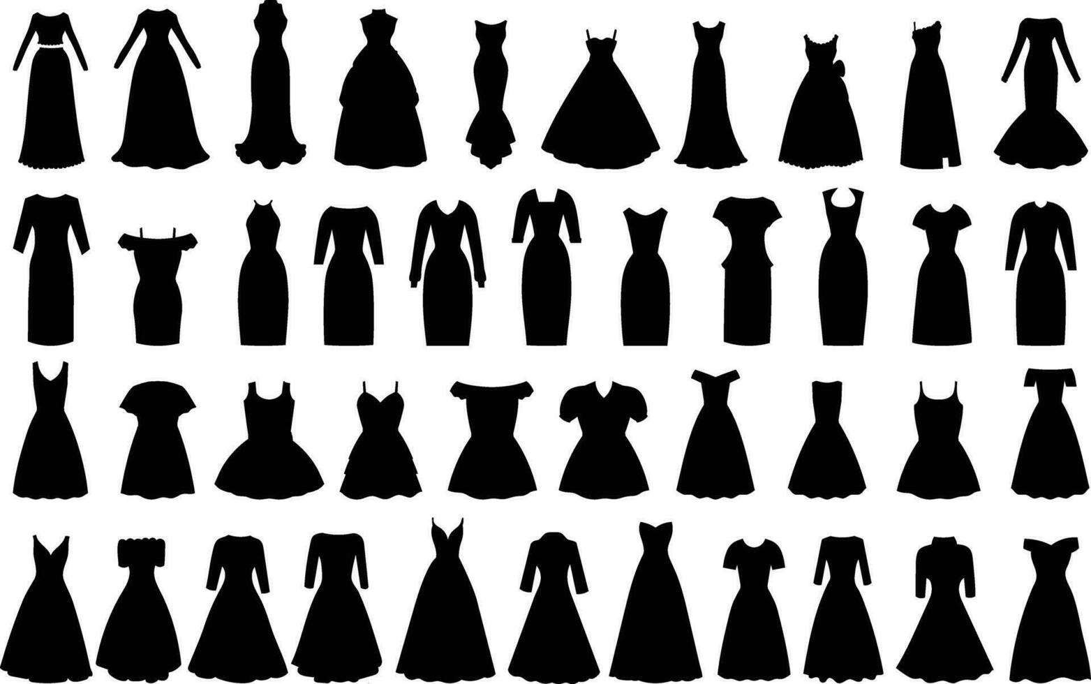 Set of evening and cocktail dresses . Collection woman clothing. Silhouette apparel. Vector illustration