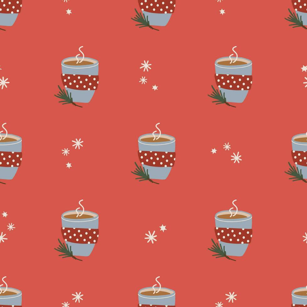 Simple seamless pattern with hot chocolate cup. Christmas and New Year concept. Hand drawn retro vintage vector texture for wallpaper, prints, wrapping, textile