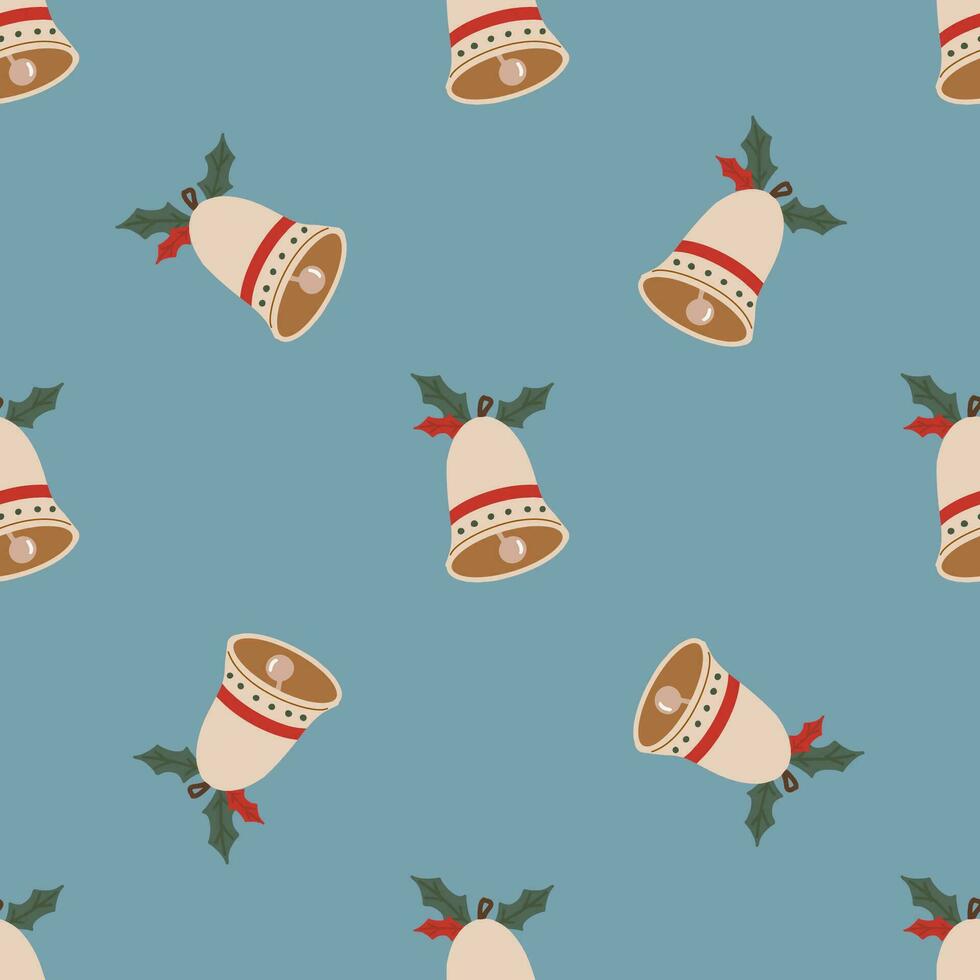 Christmas bells with leaves seamless pattern. Christmas and New Year concept. Hand drawn retro vintage vector texture for wallpaper, prints, wrapping, textile