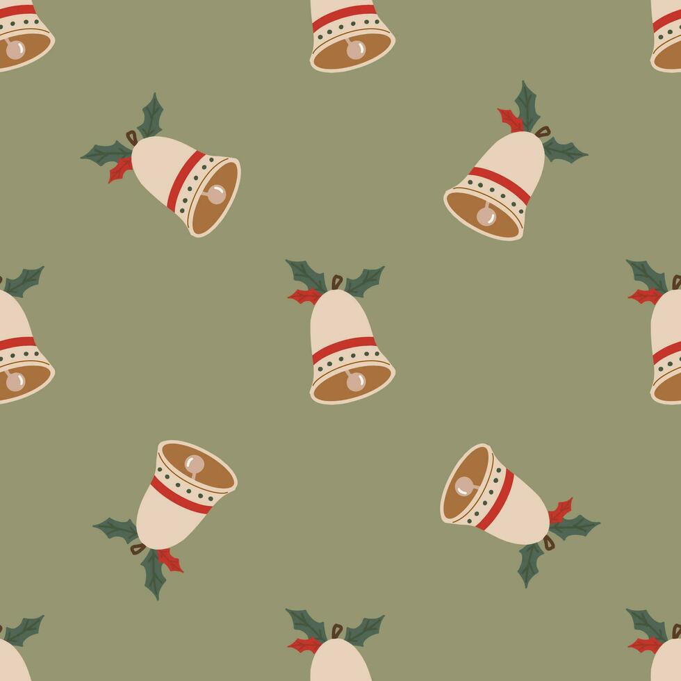 Christmas bells with leaves seamless pattern. Christmas and New Year concept. Hand drawn retro vintage vector texture for wallpaper, prints, wrapping, textile