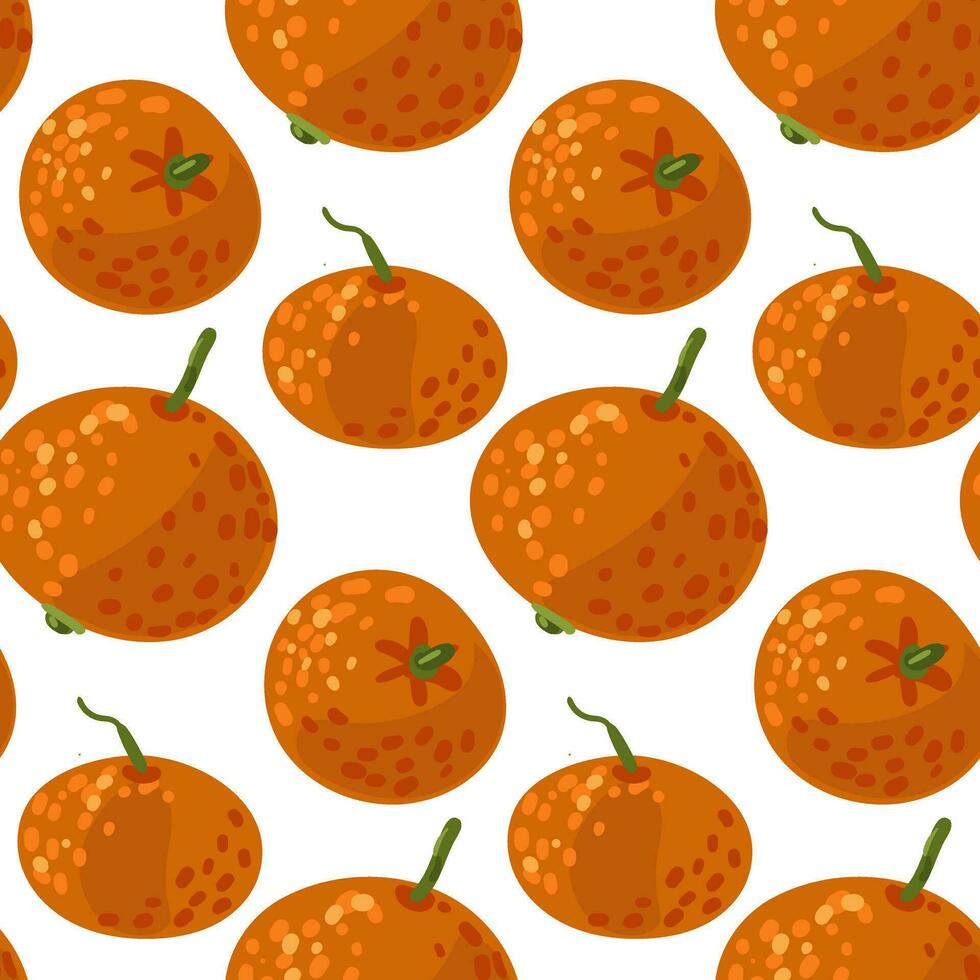 Seamless tangerine pattern falling. Vector fruit ornament. Citrus texture, whole tangerines in different turns on white. Vector design of mandarin for printing, textiles, paper, ornament