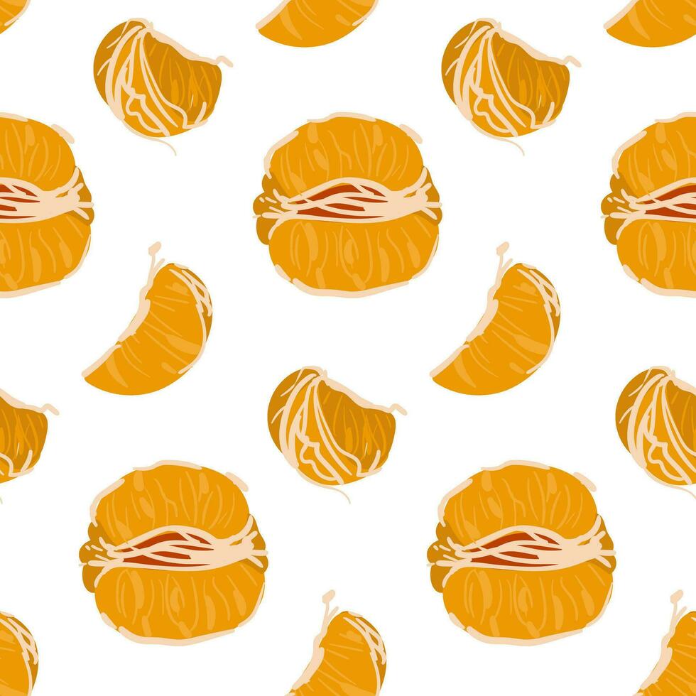 Seamless tangerine pattern on white. Vector fruit ornament. Citrus texture, slices, halves. Mandarin in different versions. Vector design of mandarin for printing, textiles, paper, ornament
