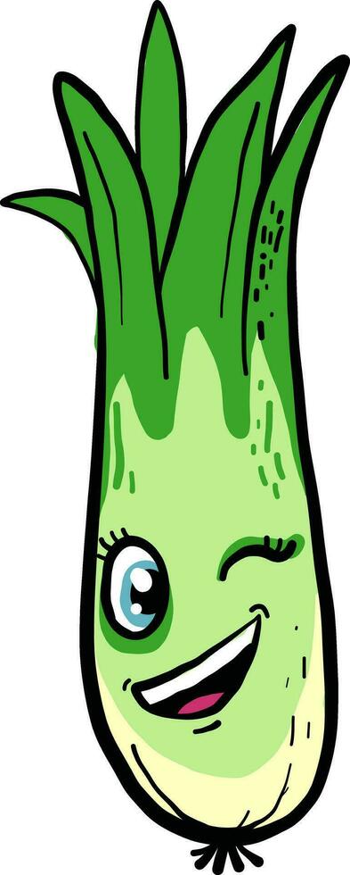 Little green leek winking, illustration, vector on white background