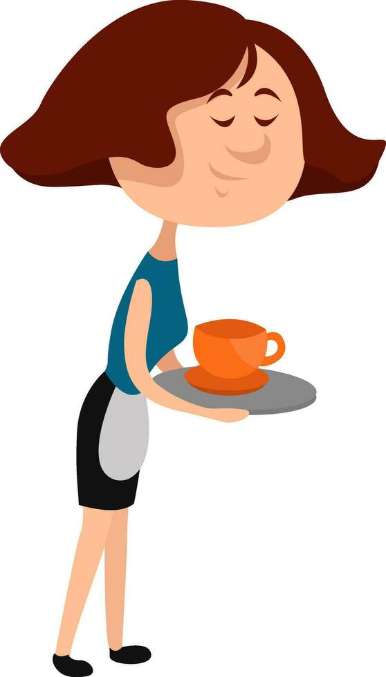 Waitress with brown hair, illustration, vector on white background