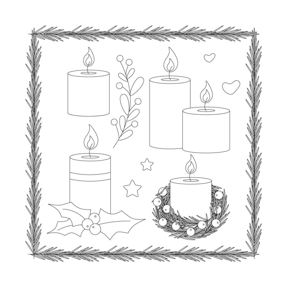 Set of Christmas candles,  berries and mistletoe leaves, frame. vector