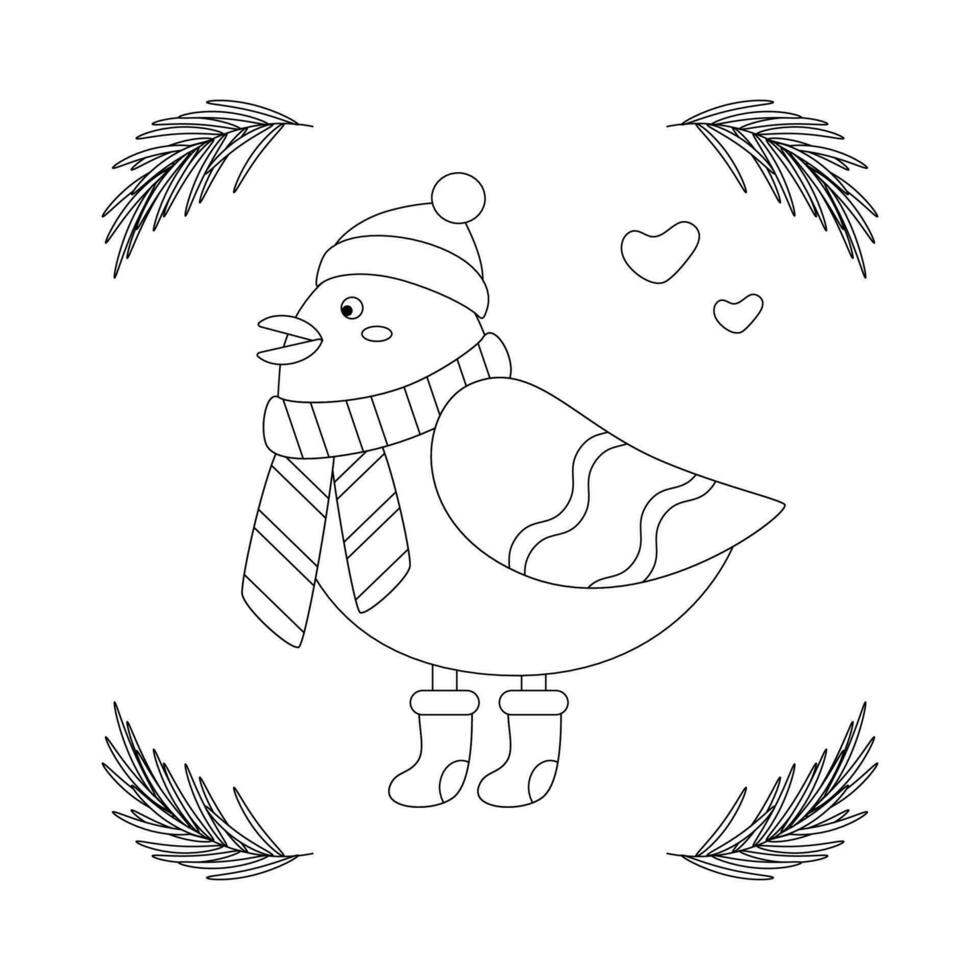 Set of Christmas bird in a red hat, scarf, and boots, frame with tree branch. vector