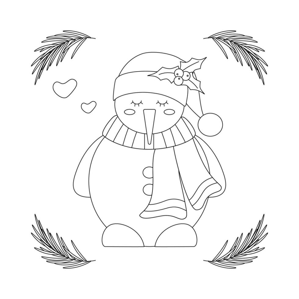 Set of Christmas snowman in a scarf and hat with a sprig of mistletoe, frame with tree branch. vector