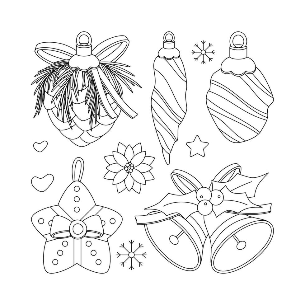 Set of Christmas toy, bells with bow, ribbon, and mistletoe berries. vector