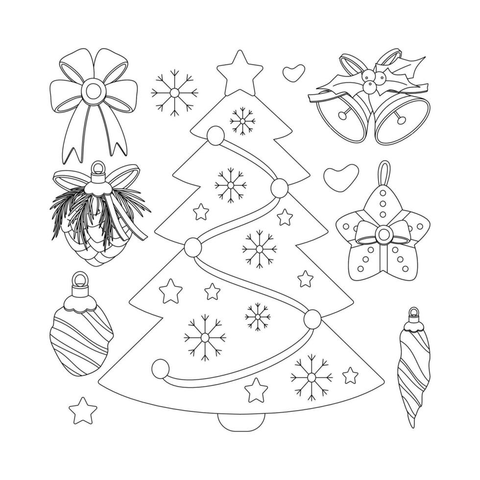 Set of Christmas tree, toy, red bow, bells, pine cone. vector