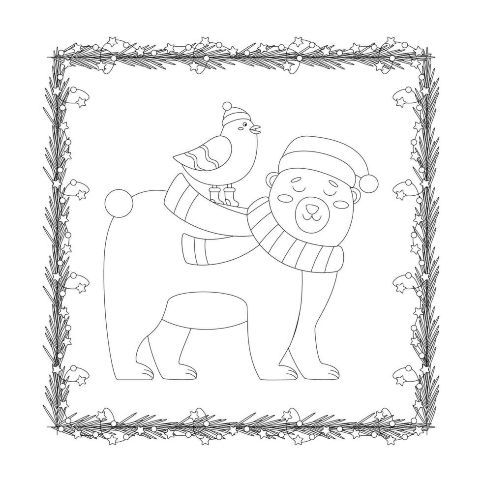 Set of Christmas bear with a red hat and scarf, birds in red hat, frame. vector