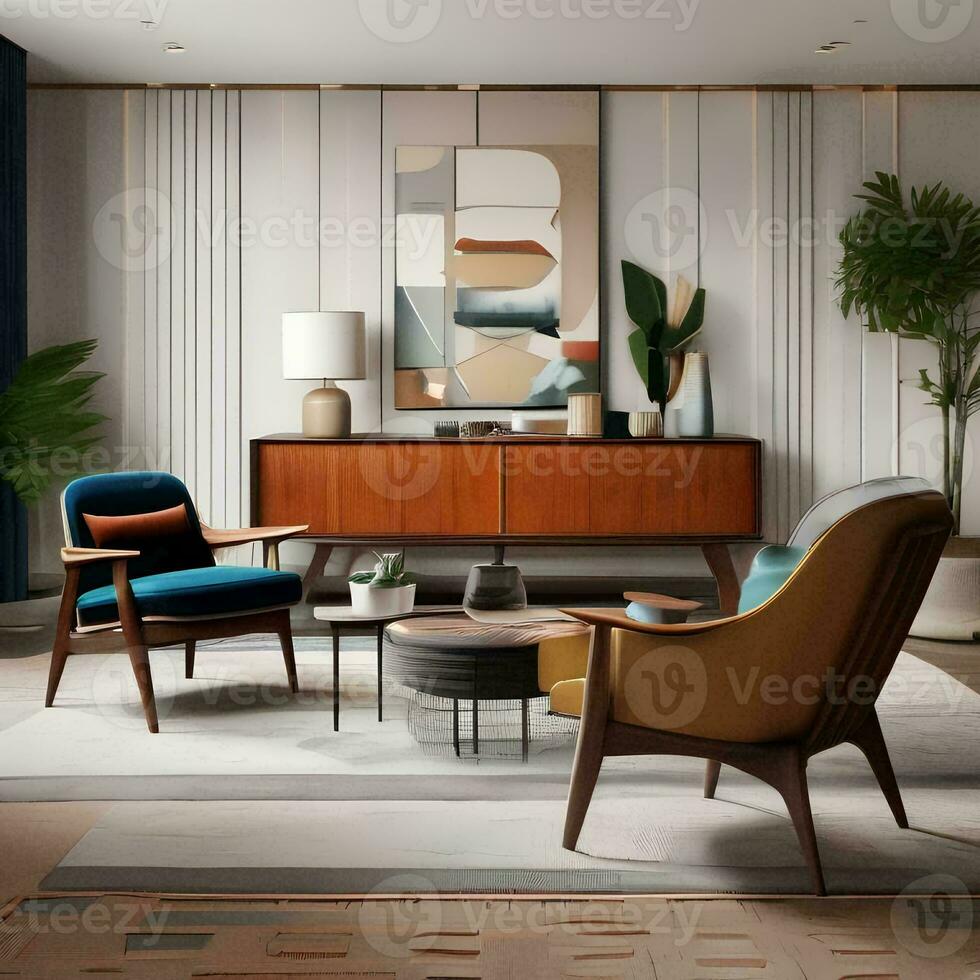 AI generated A mid-century modern living room showcasing iconic furniture photo
