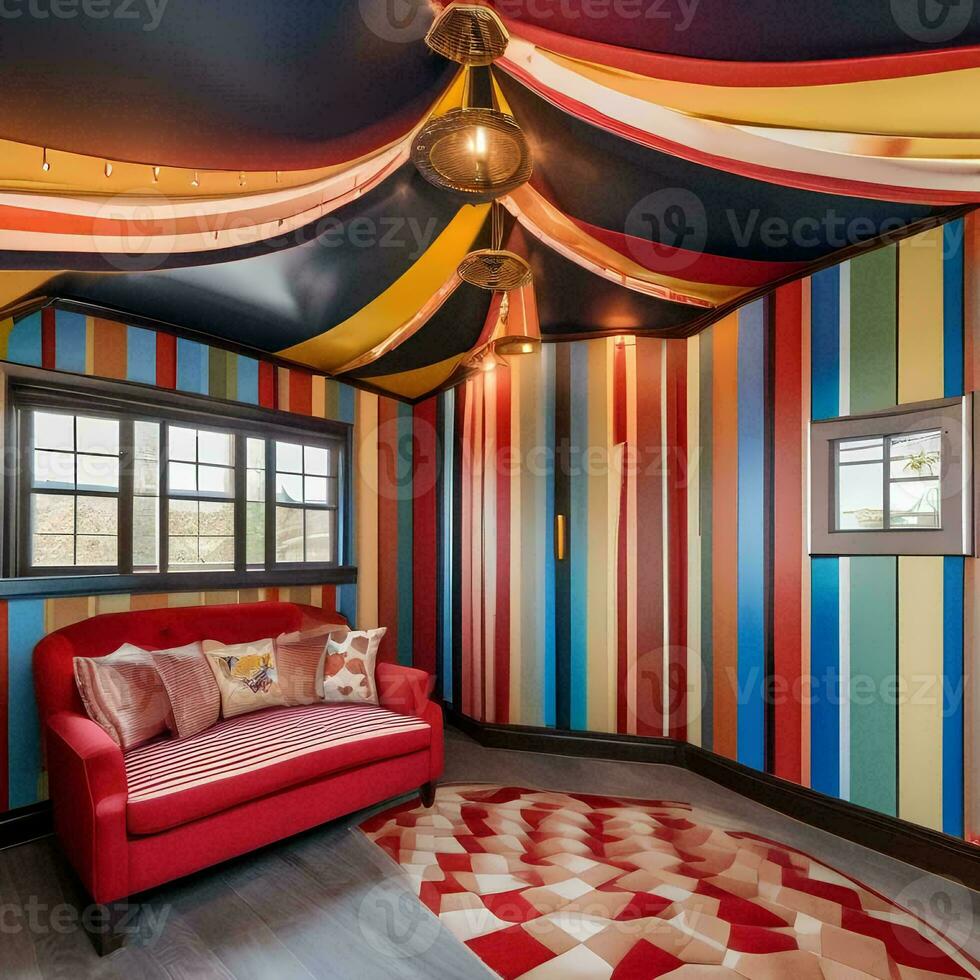 AI generated A whimsical circus-themed playroom with colorful stripes and photo