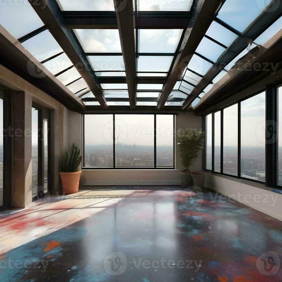 AI generated An artists rooftop studio with skylights, a panoramic photo