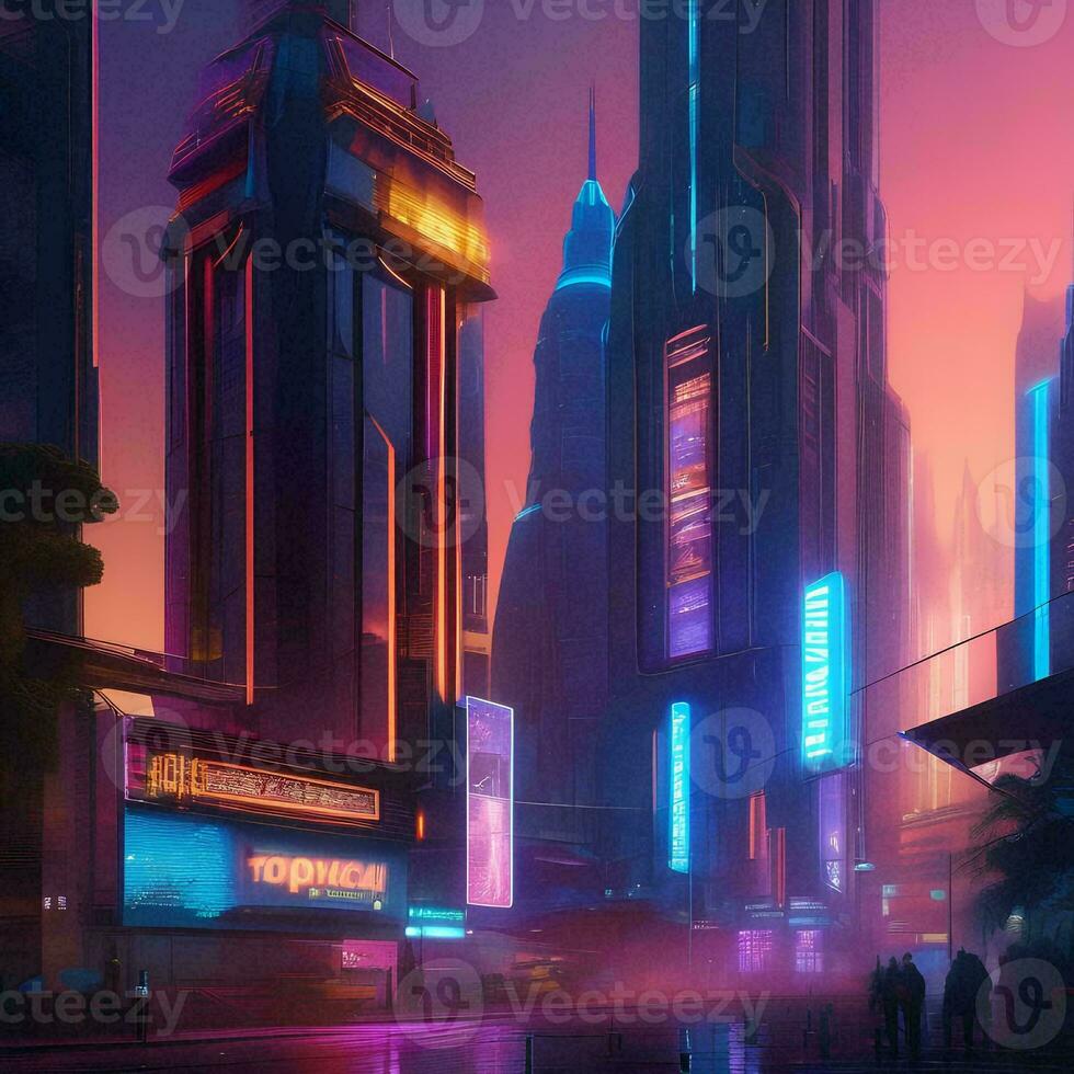 AI generated A futuristic cyberpunk-themed cityscape with neon lights and photo