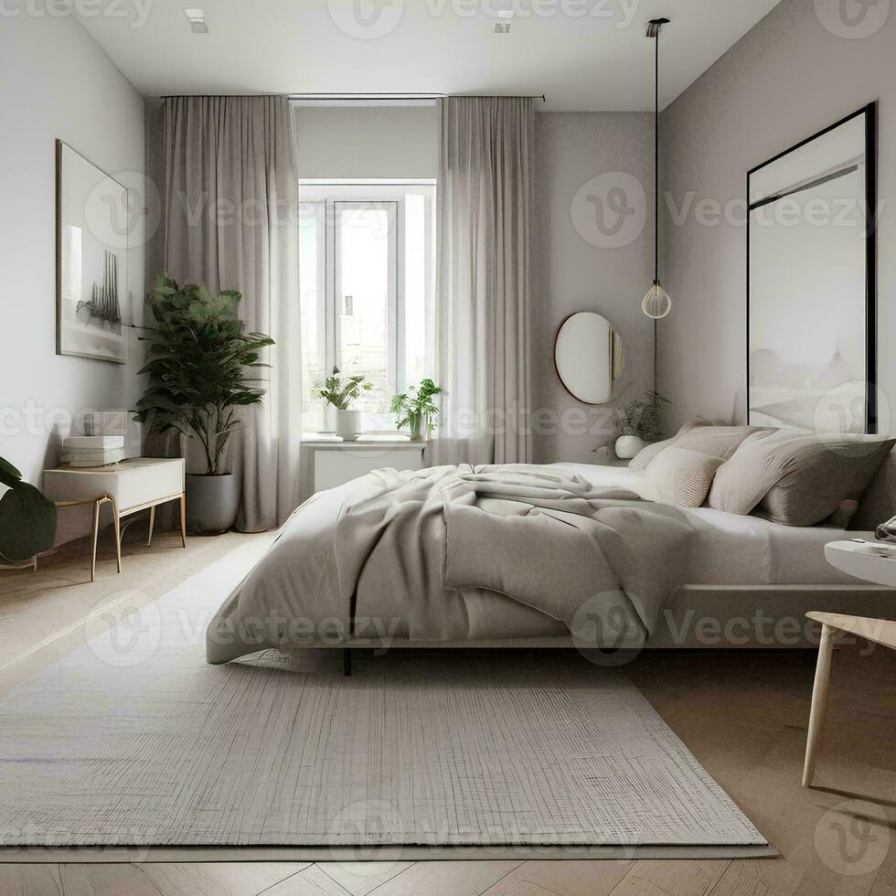 AI generated A minimalist scandinavian bedroom with clean lines, neutral photo
