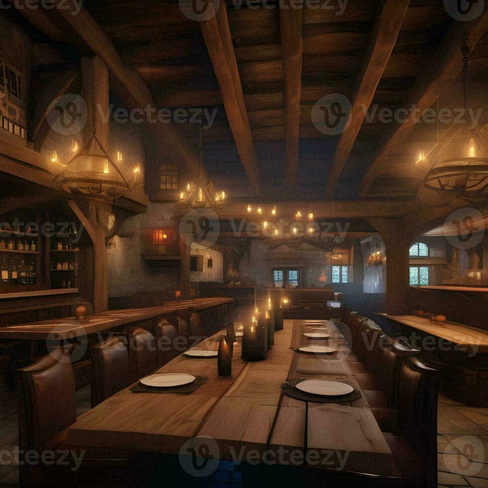 AI generated A medieval-themed tavern with wooden beams, tapestries, and photo