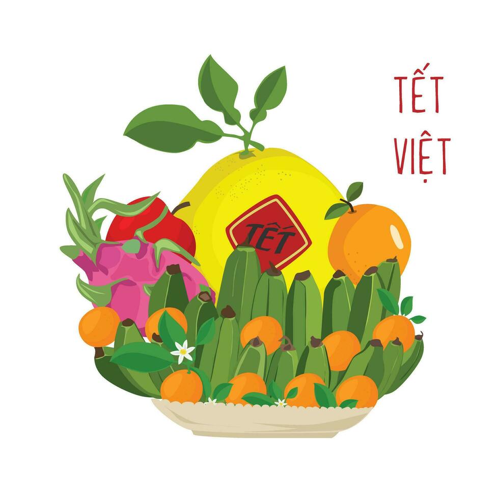 Five fruit tray vector. Fruit tray in Vietnamese traditional new year. Five-fruit tray displays on the altar during Tet holiday. Flat vector in cartoon style isolated on white background.