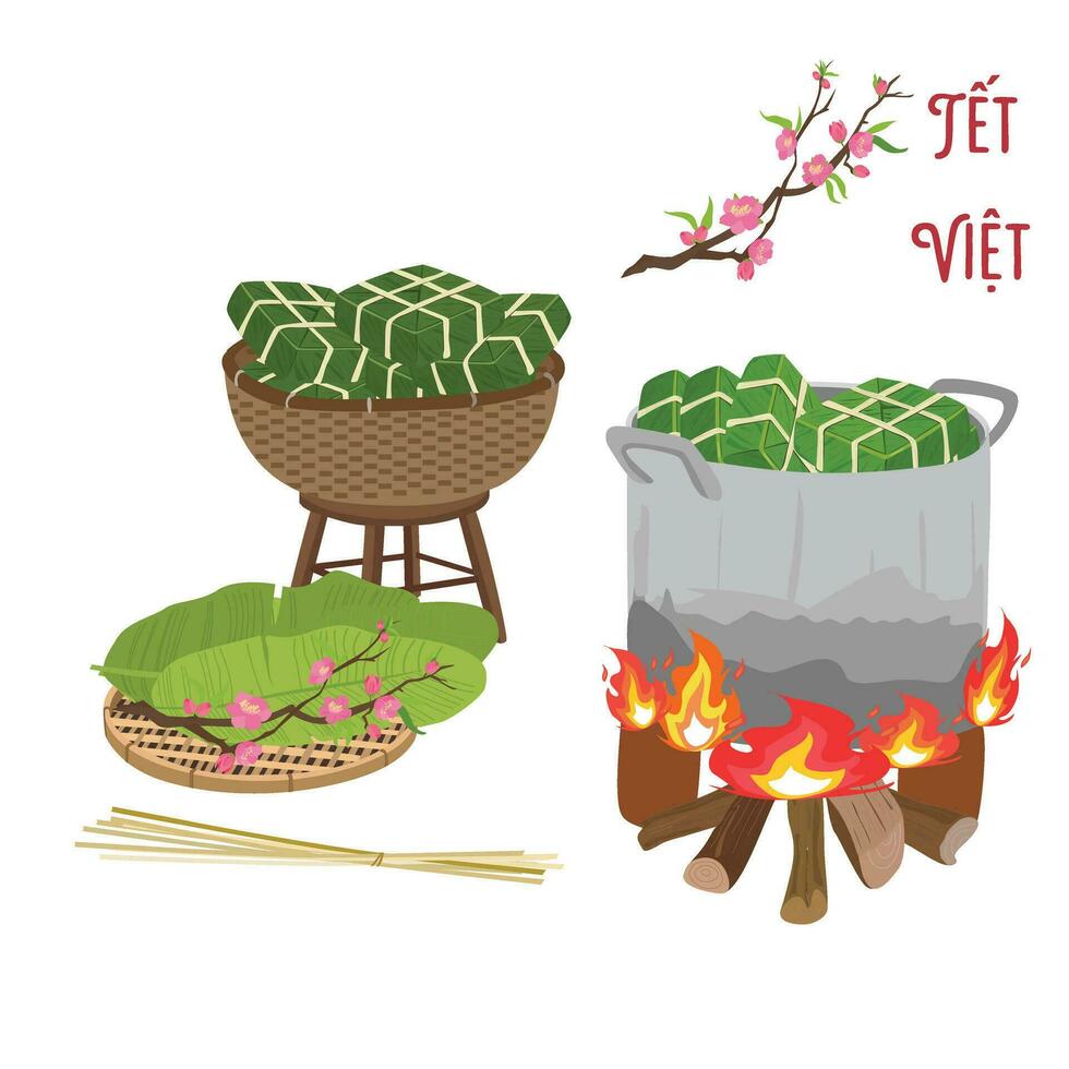 Chung cake vector set. Chung cake on bamboo basket. Vietnamese cuisine. Vietnamese traditional new year. Square sticky rice  cake is cooked in pot. Banh chung. Happy Tet holiday. Tet food.