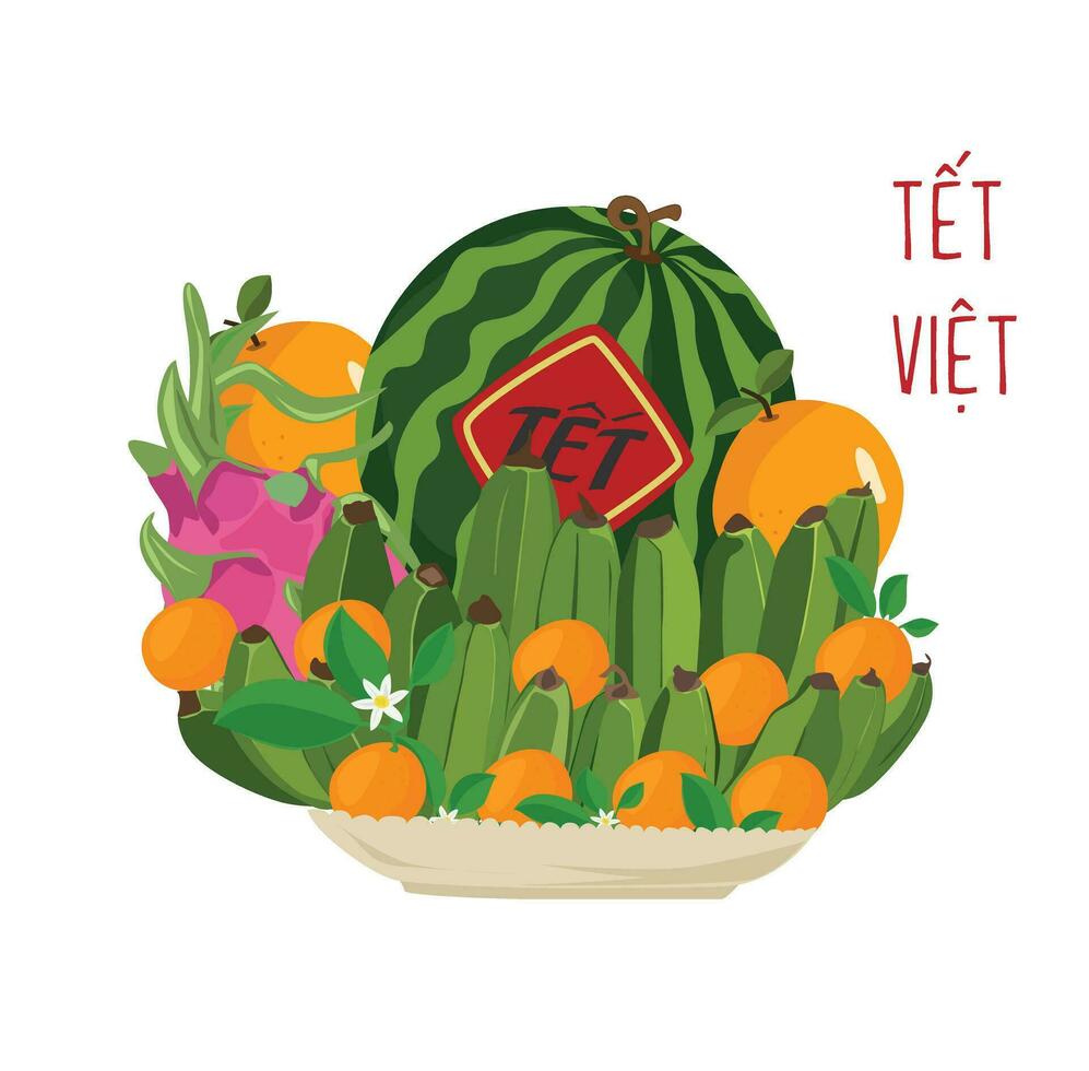 cinco Fruta bandeja vector. Fruta bandeja en vietnamita tradicional nuevo año. cinco frutas bandeja muestra en el altar durante tet día festivo. plano vector en dibujos animados estilo aislado en blanco antecedentes.