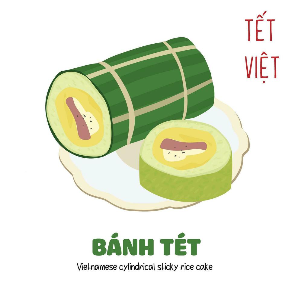 Vietnamese cylindrical sticky rice cake vector. Another type of chung cake in Vietnamese traditional new year. Vietnamese traditional food. Banh tet. Cake made of rice, bean, pork meat. vector