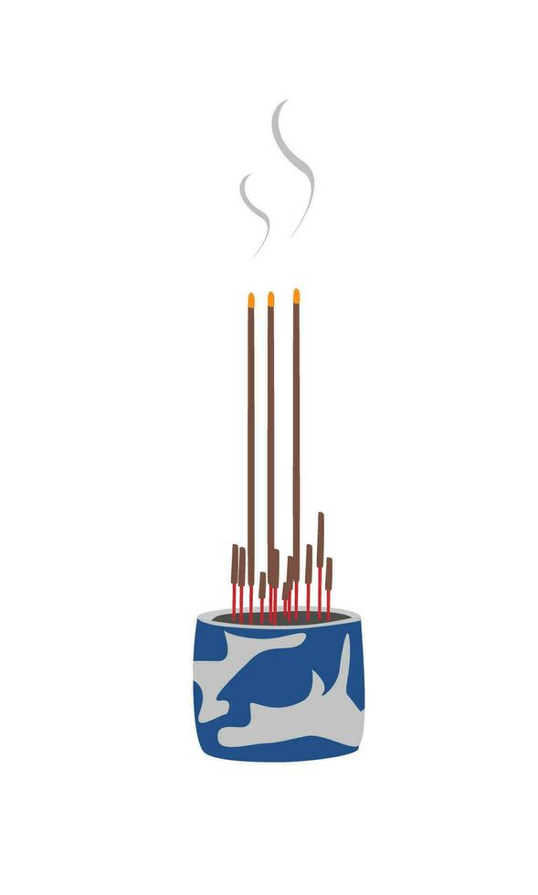Incense stick in incense burner. Altar items. Chinese new year concept. Vietnamese new year. Flat vector in cartoon style isolated on white back ground.