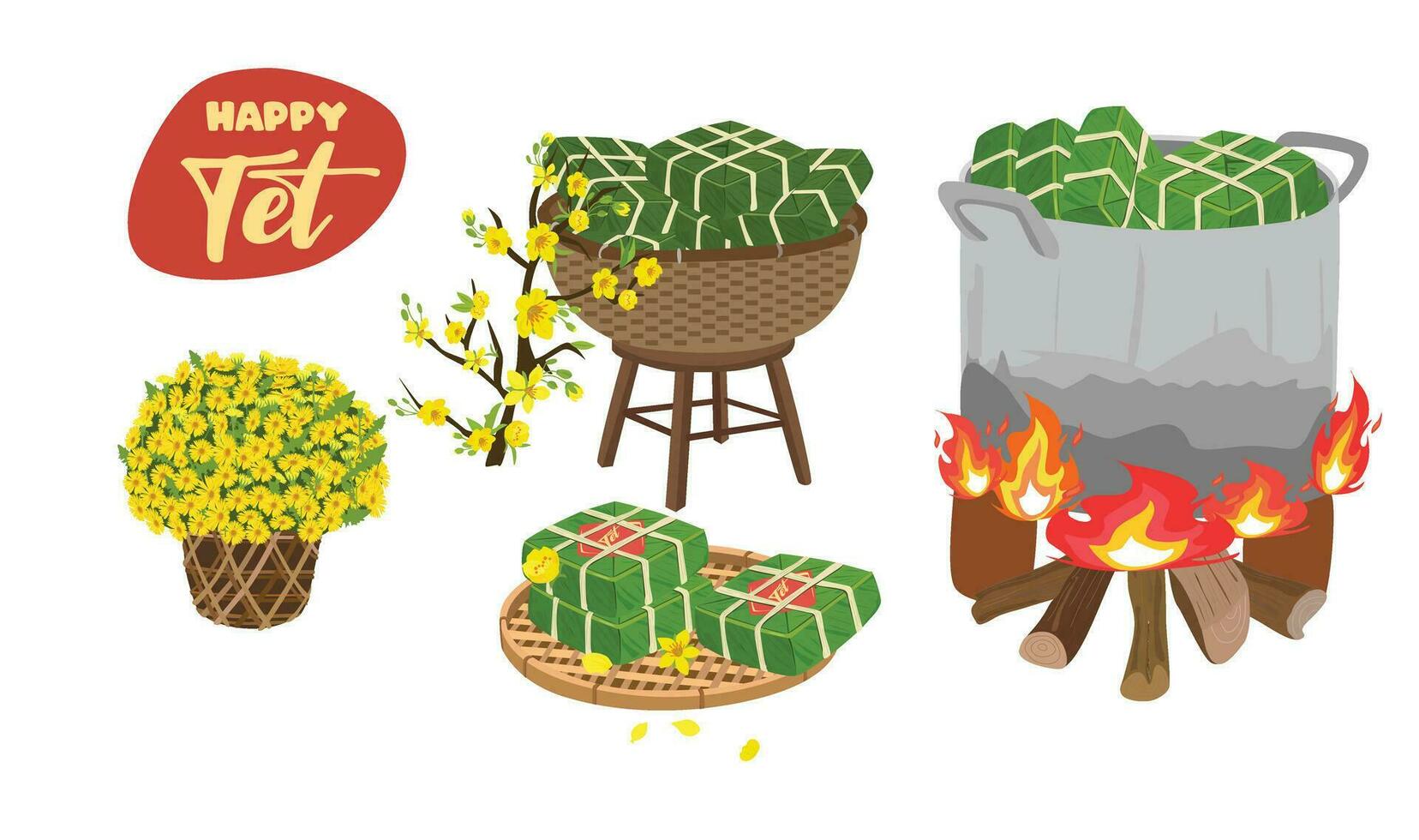 Chung cake vector set. Chung cake on bamboo basket. Vietnamese cuisine. Vietnamese traditional new year. Square sticky rice  cake is cooked in pot. Banh chung. Happy Tet holiday. Tet food.