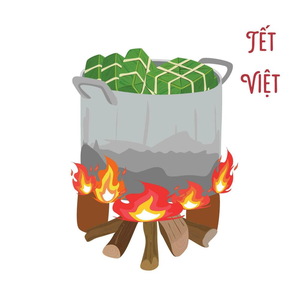 Chung cake vector set. Chung cake is cooked in large pot. Vietnamese cuisine. Vietnamese traditional new year. Square sticky rice stuffed in green leaves. Banh chung. Happy Tet holiday. Tet food.