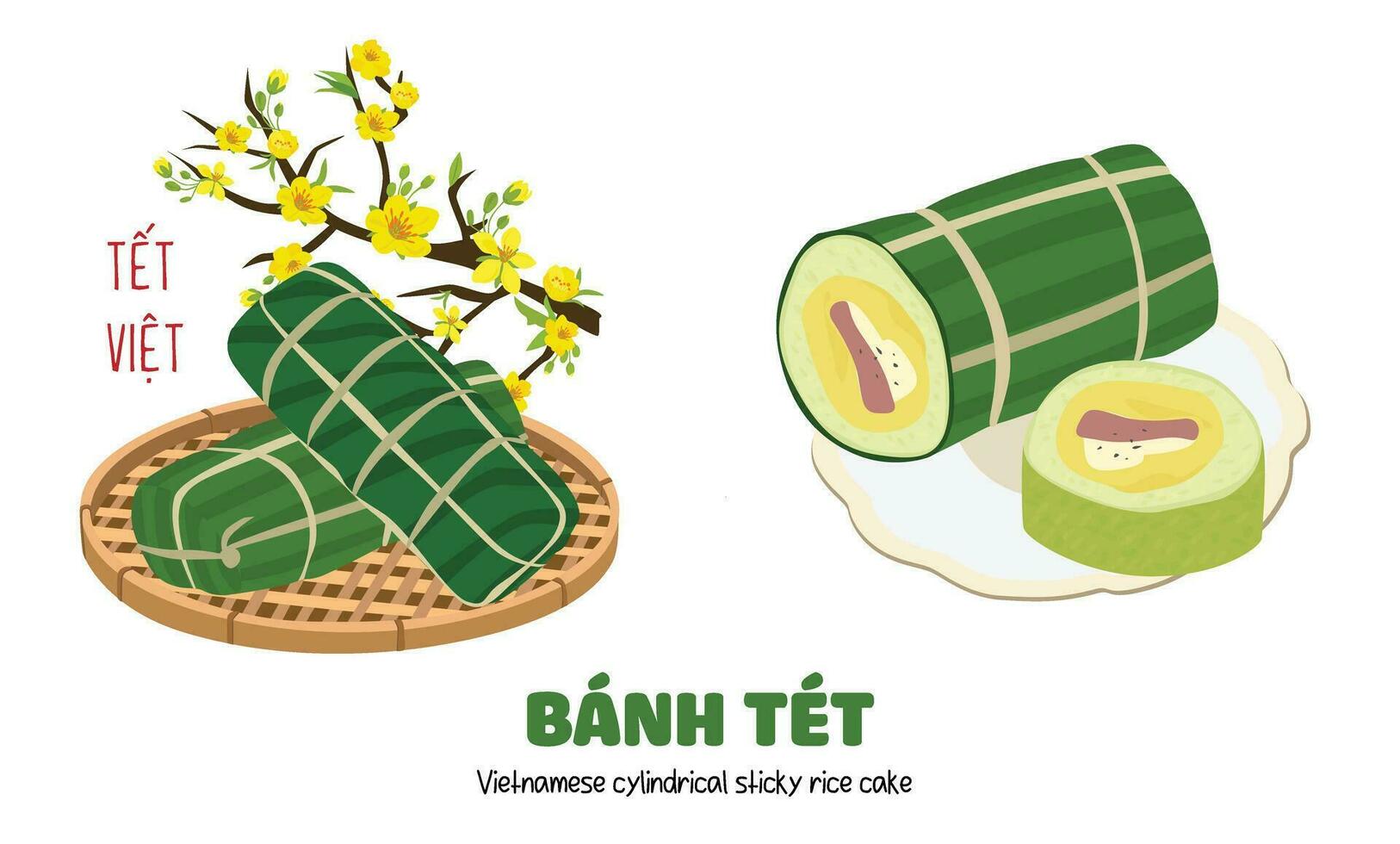 Vietnamese cylindrical sticky rice cake vector. Another type of chung cake in Vietnamese traditional new year. Vietnamese traditional food. Banh tet. Cake made of rice, bean, pork meat. vector