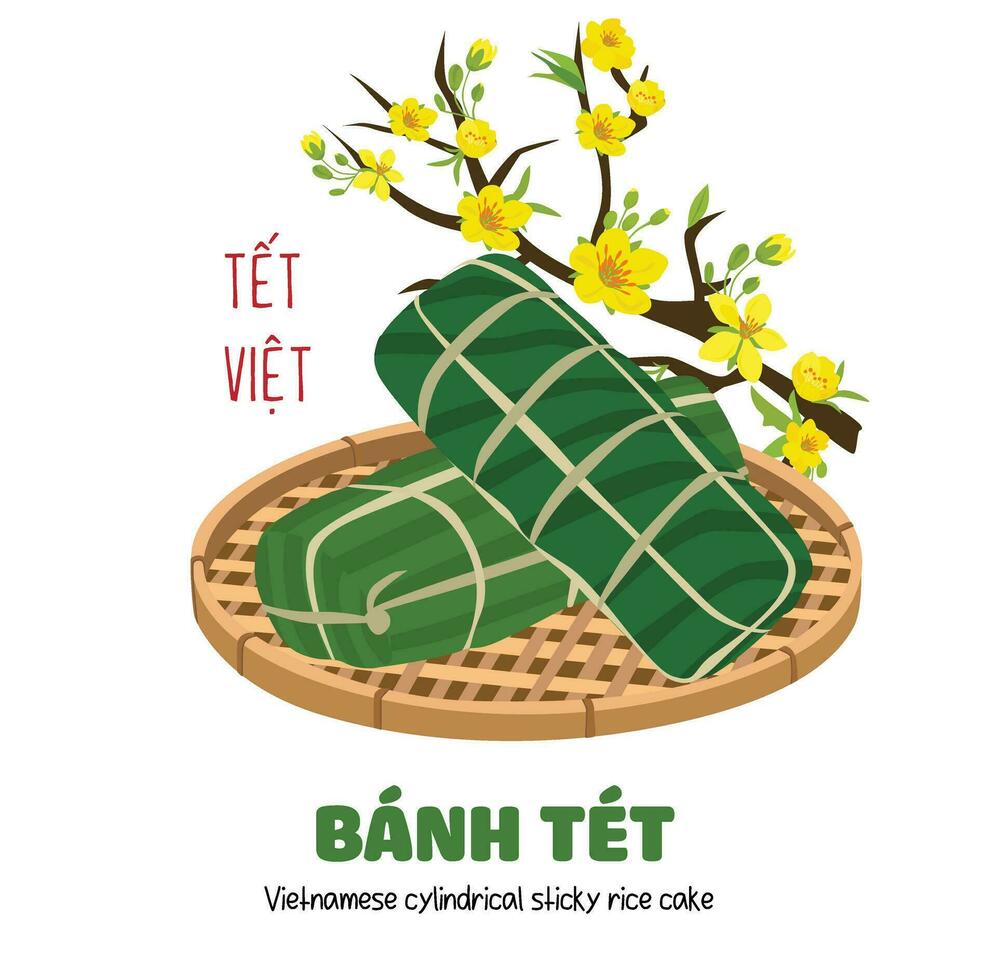 Vietnamese cylindrical sticky rice cake vector. Another type of chung cake in Vietnamese traditional new year. Vietnamese traditional food. Banh tet. Cake made of rice, bean, pork meat. vector