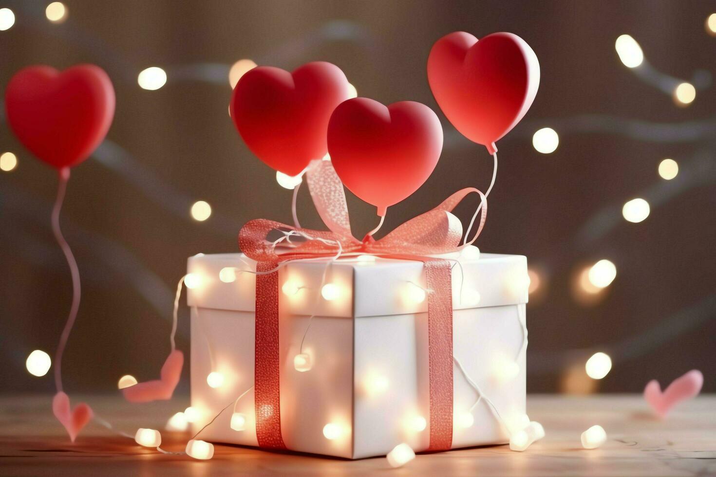 Happy valentine's day concept with red gift box and heart  shaped balloons romantic banner love concept by AI Generated photo