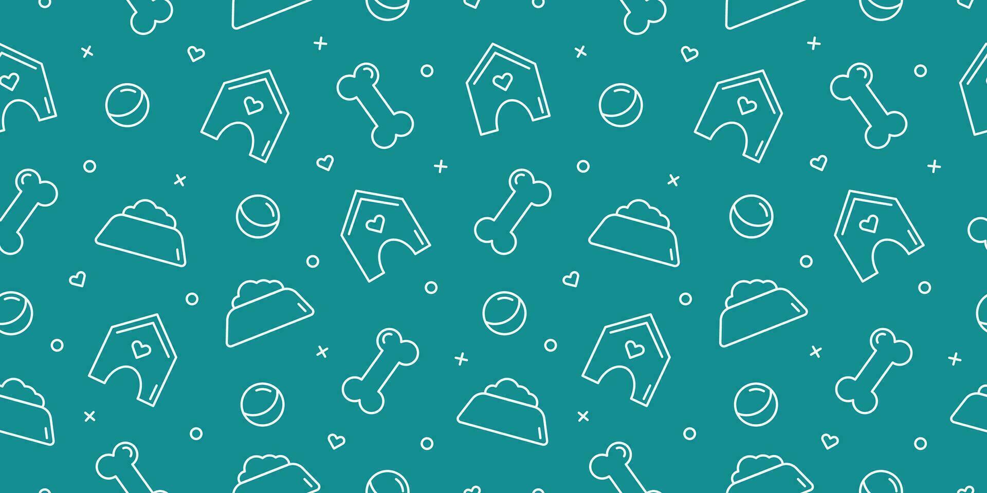 Seamless pattern and background with bones, house, bowl, toys and hearts. Abstract vector illustration for pet shop websites and prints, social media posts, animal product design