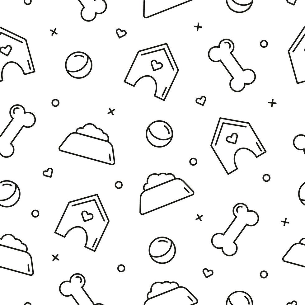Seamless pattern and background with bones, house, bowl, toys and hearts. Abstract vector illustration for pet shop websites and prints, social media posts, animal product design