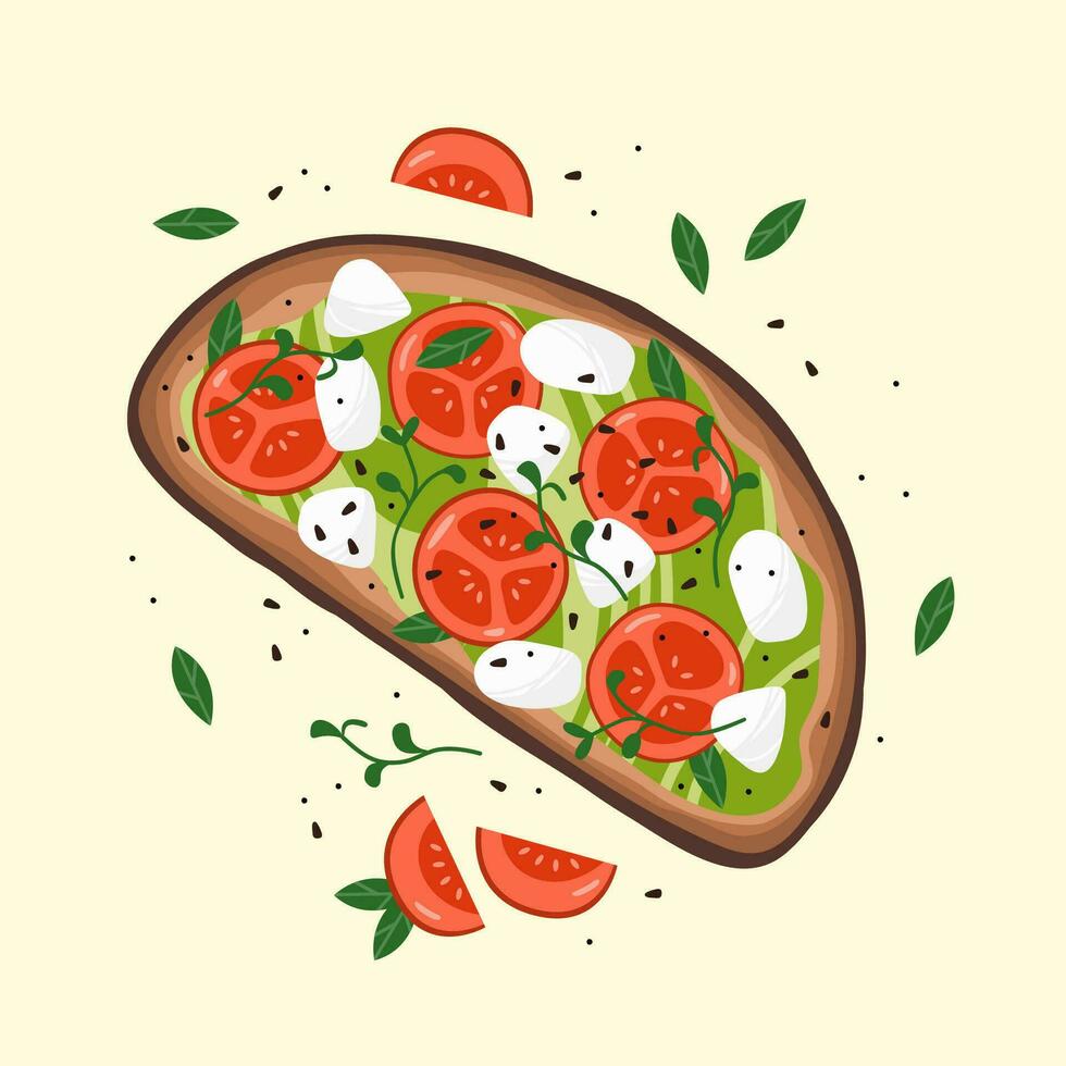 Italian bruschetta with tomato and mozzarella. Summer white bread sandwich. Healthy breakfast. Vector illustration.