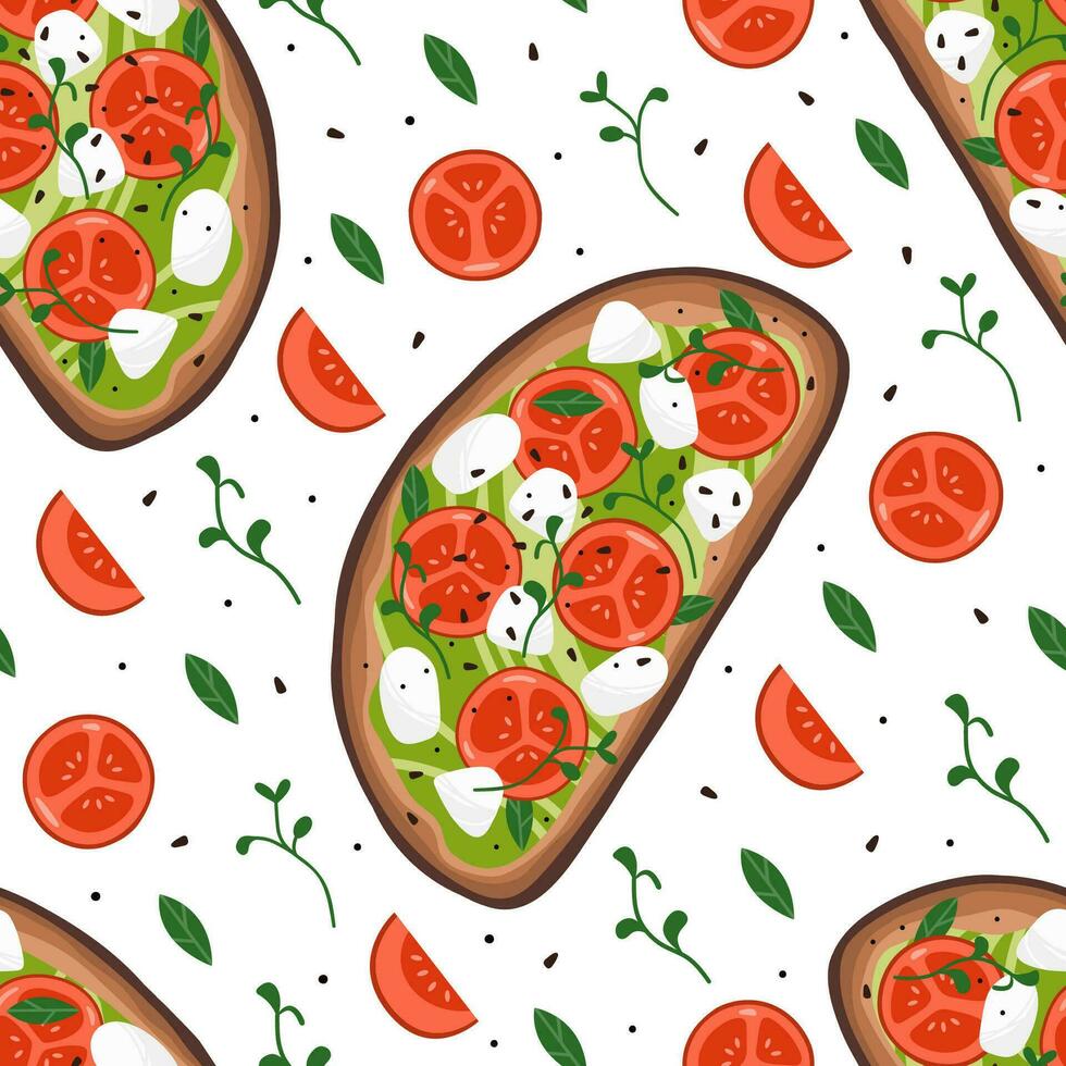 Seamless vector pattern with bruschetta, slice of tomato and greenery. Toast with tomato and mozzarella. Italian food, healthy eating, cooking, recipes, restaurant menu concept. Vector background