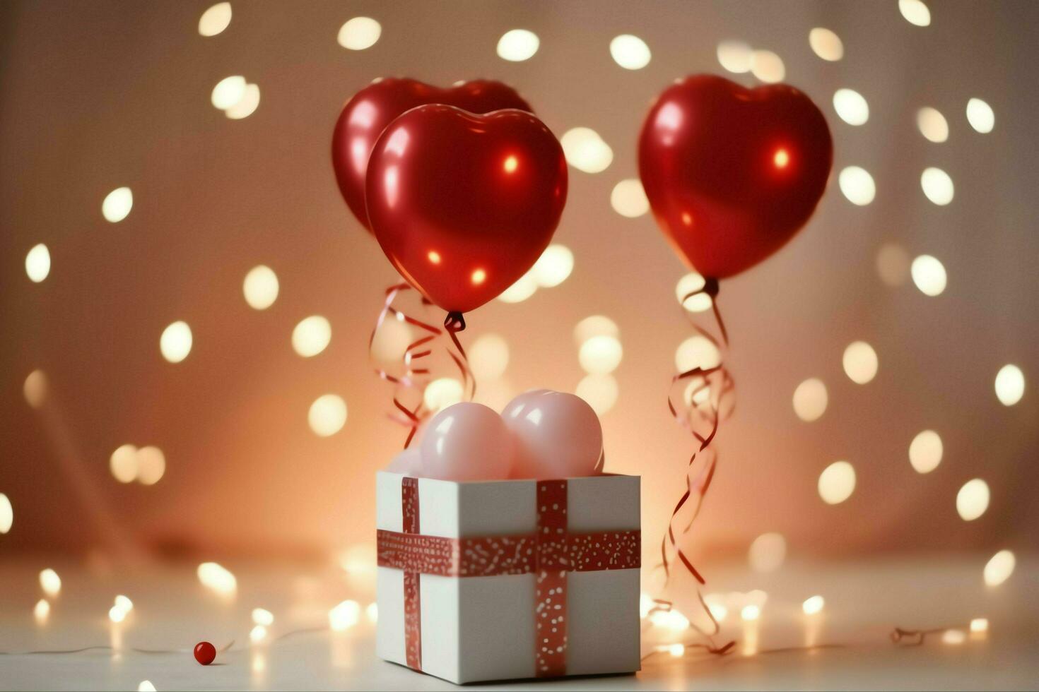 Happy valentine's day concept with red gift box and heart  shaped balloons romantic banner love concept by AI Generated photo