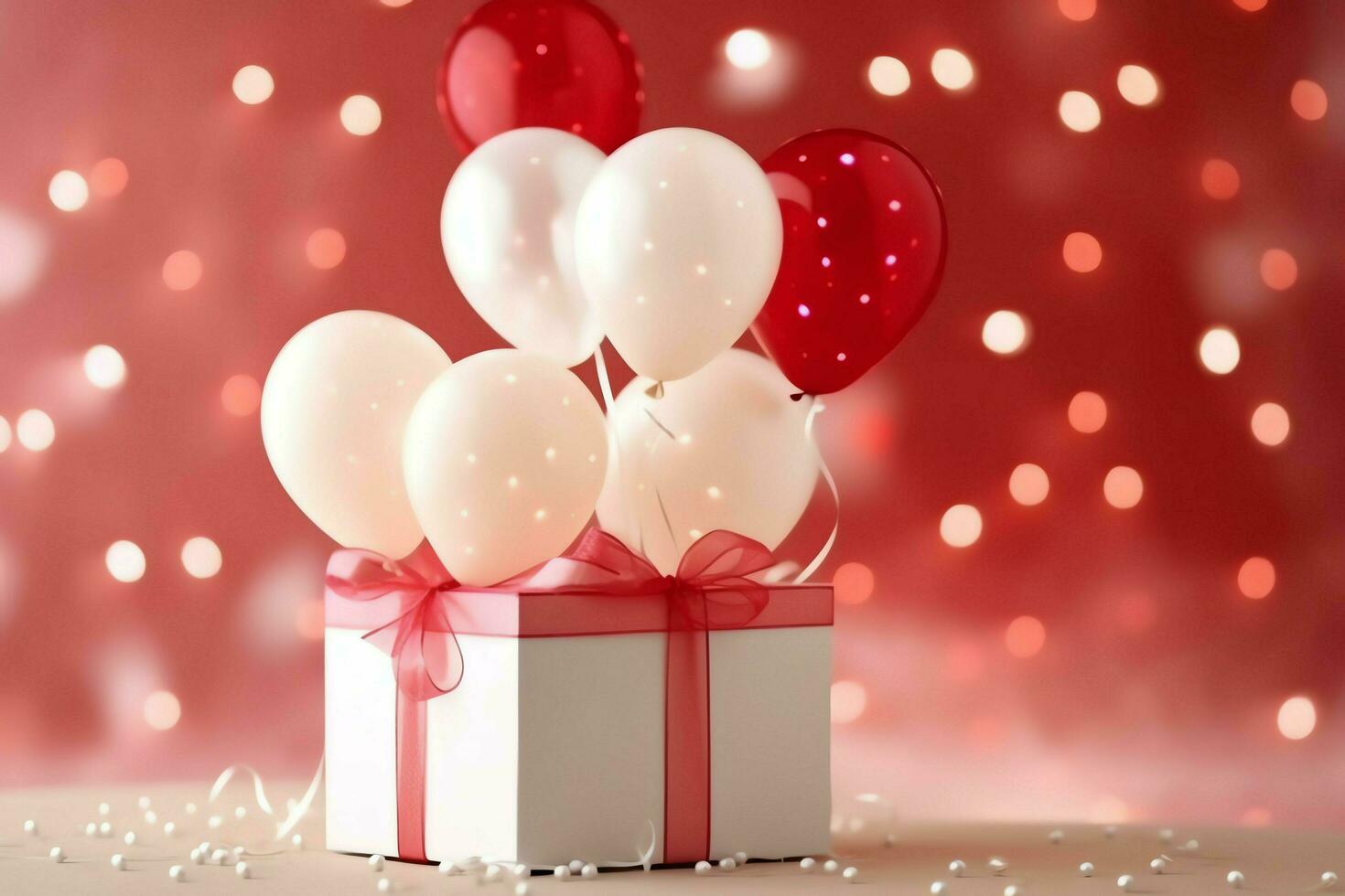 Happy valentine's day concept with red gift box and heart  shaped balloons romantic banner love concept by AI Generated photo